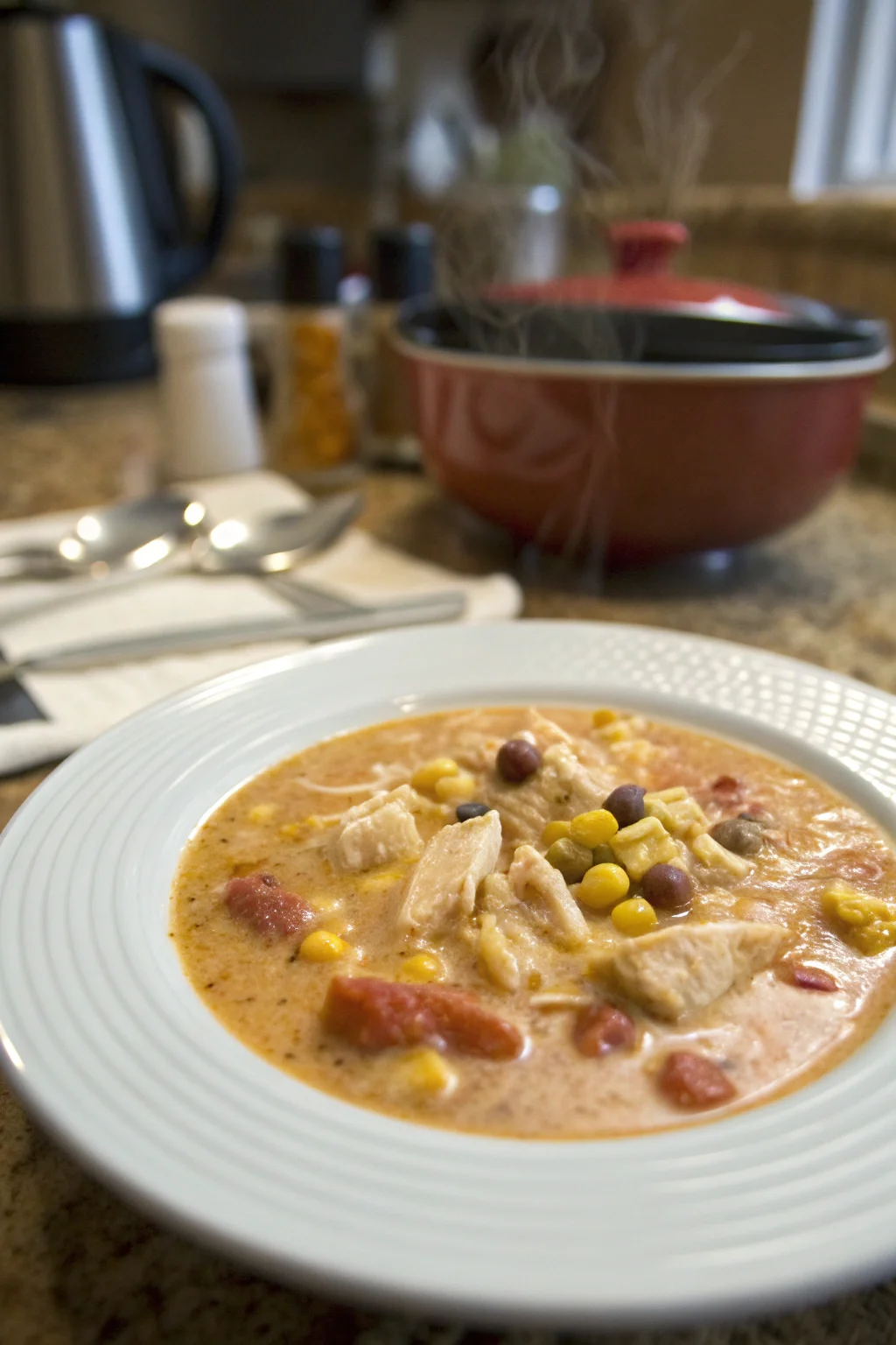 A delicious plate of Creamy Chicken Enchilada Soup
