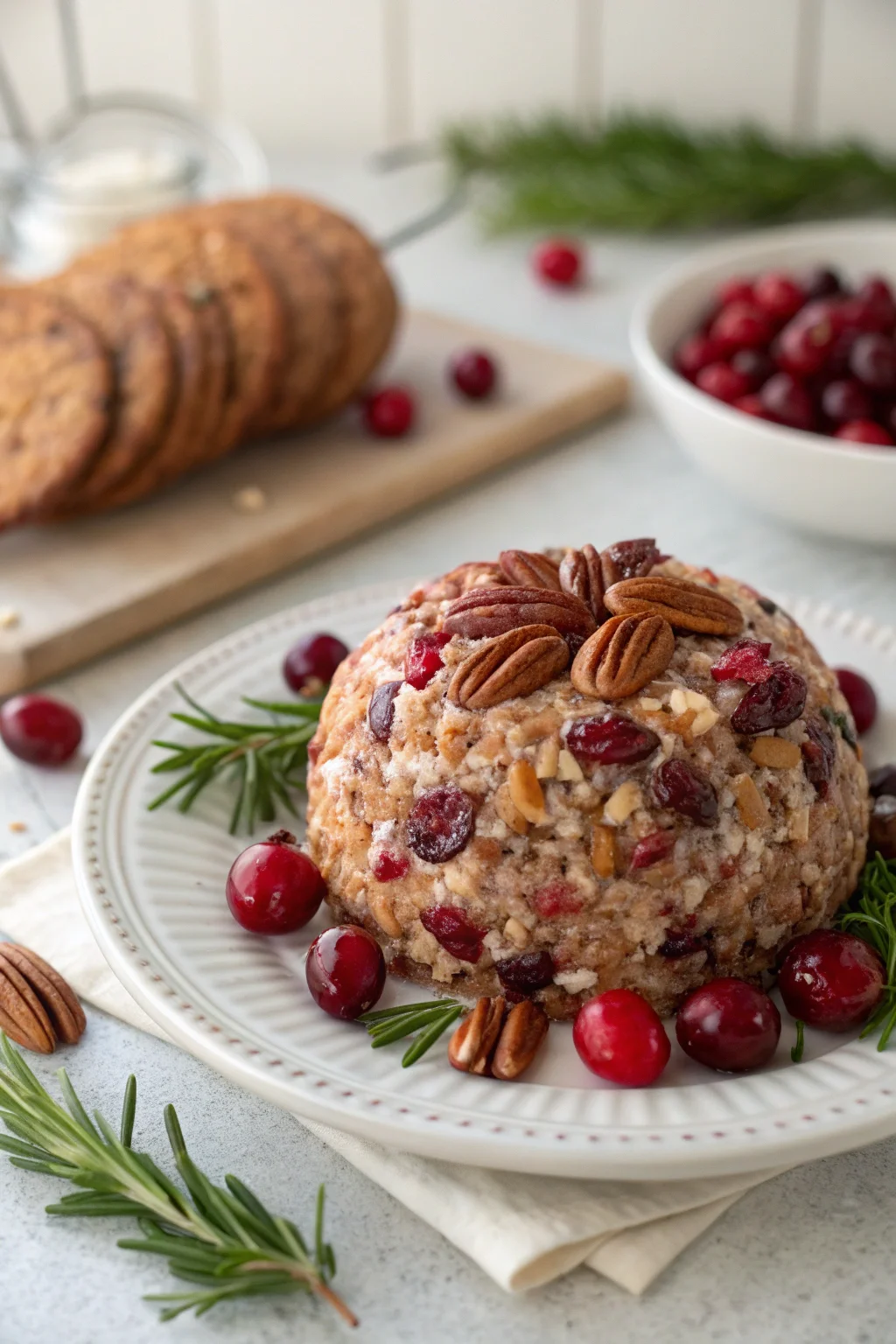 A delicious plate of Cranberry Pecan Holiday Cheese Ball
