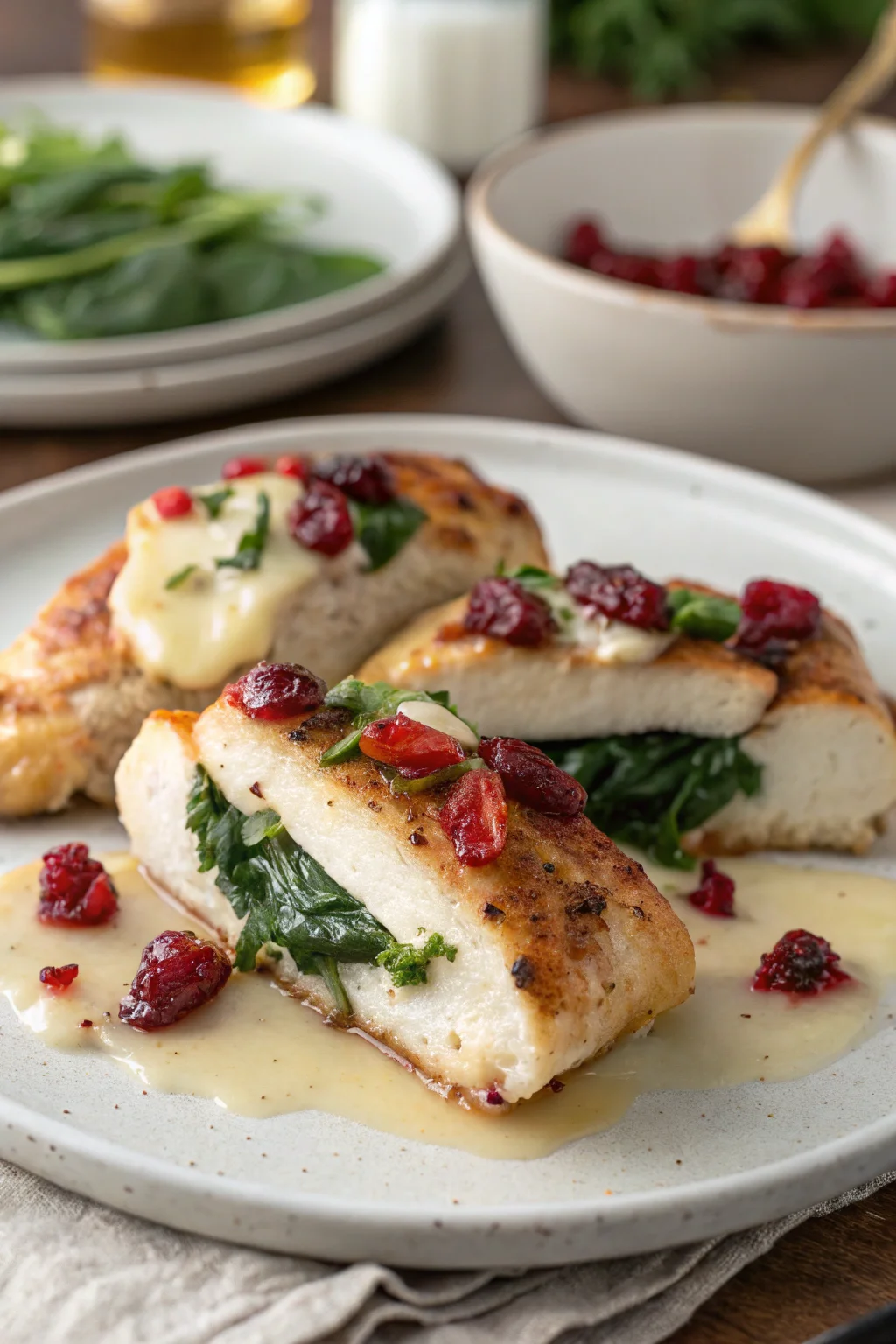 A delicious plate of Cranberry and Spinach Stuffed Chicken Breasts with Brie
