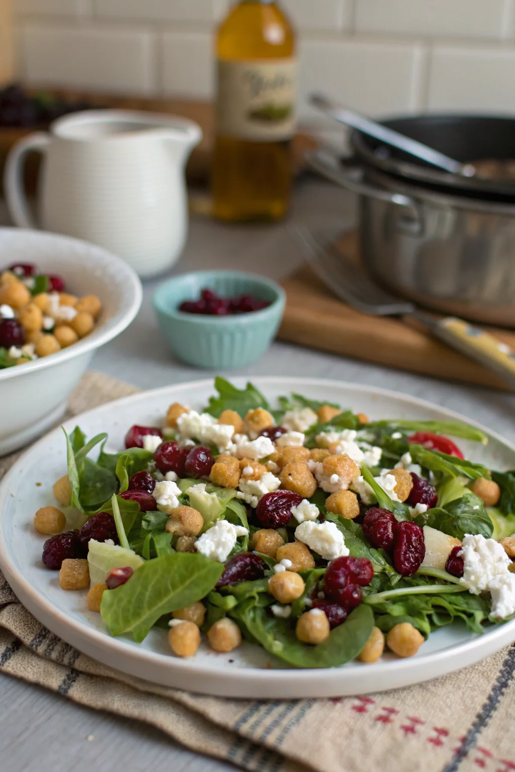 A delicious plate of Feta and Cranberry Chickpea Salad with Lemon Vinaigrette