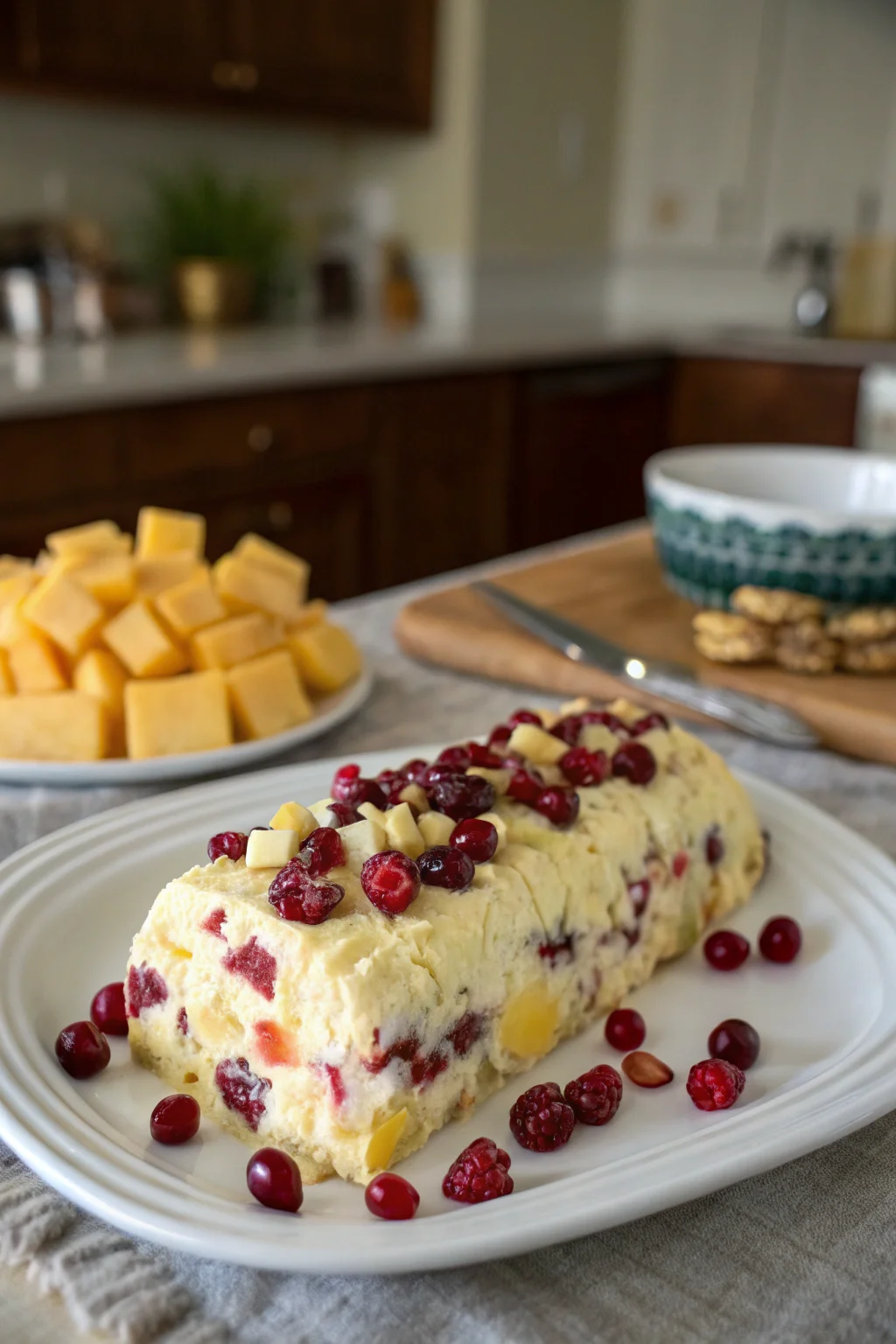 A delicious plate of Pineapple Cranberry Holiday Cheese Log