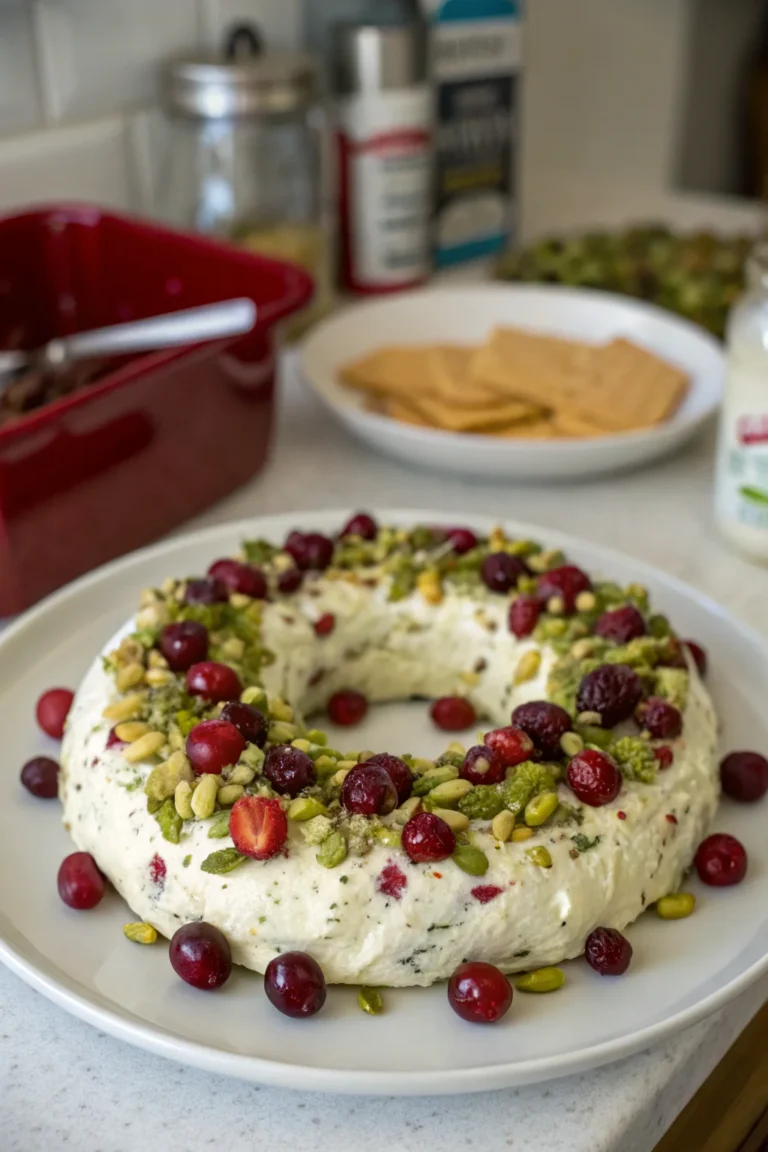 A delicious plate of Cranberry Pistachio Cream Cheese Wreath