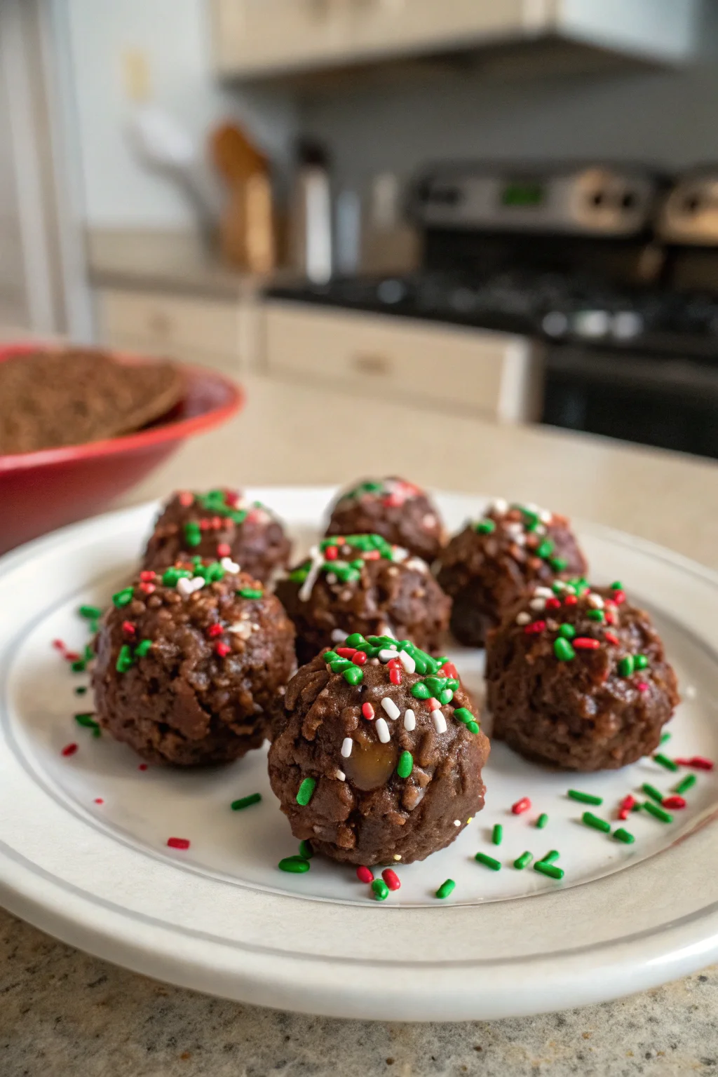 A delicious plate of Christmas Chocolate Rice Krispie Balls