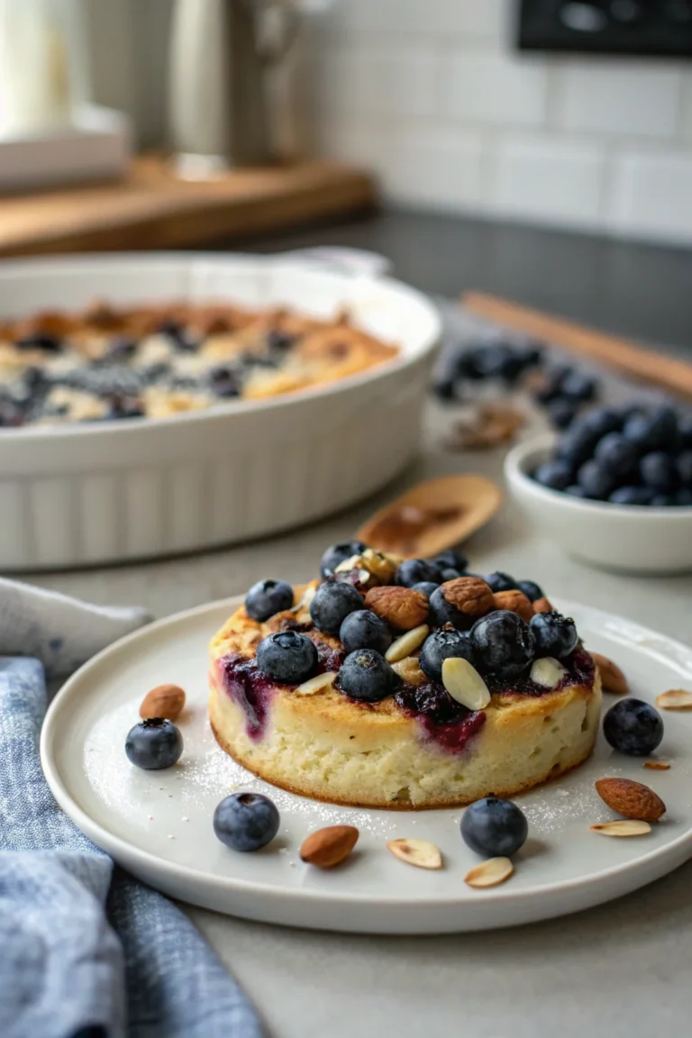 A delicious plate of Blueberry Almond Cottage Cheese Breakfast Bake