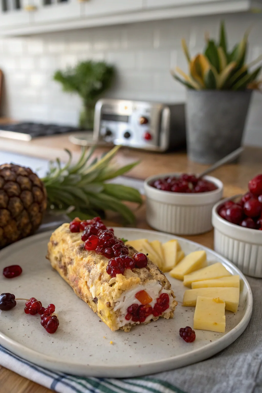 A delicious plate of Pineapple Cranberry Holiday Cheese Log with Pepper Jelly
