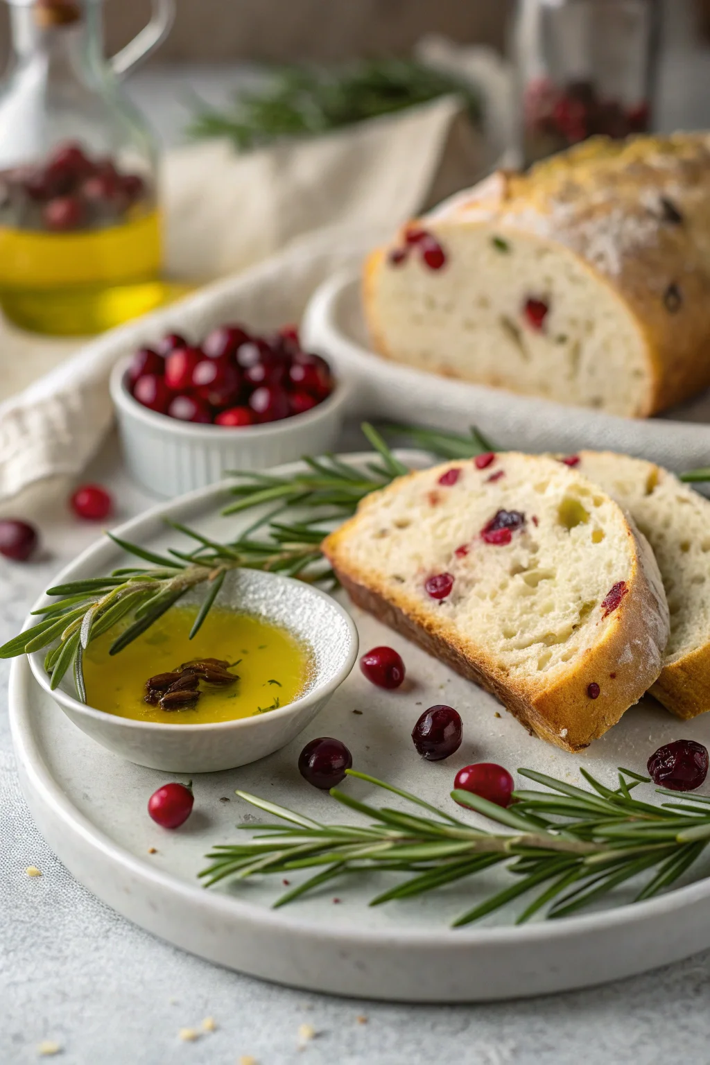 A delicious plate of No-Knead Rosemary Cranberry Bread with Olive Oil and Sea Salt