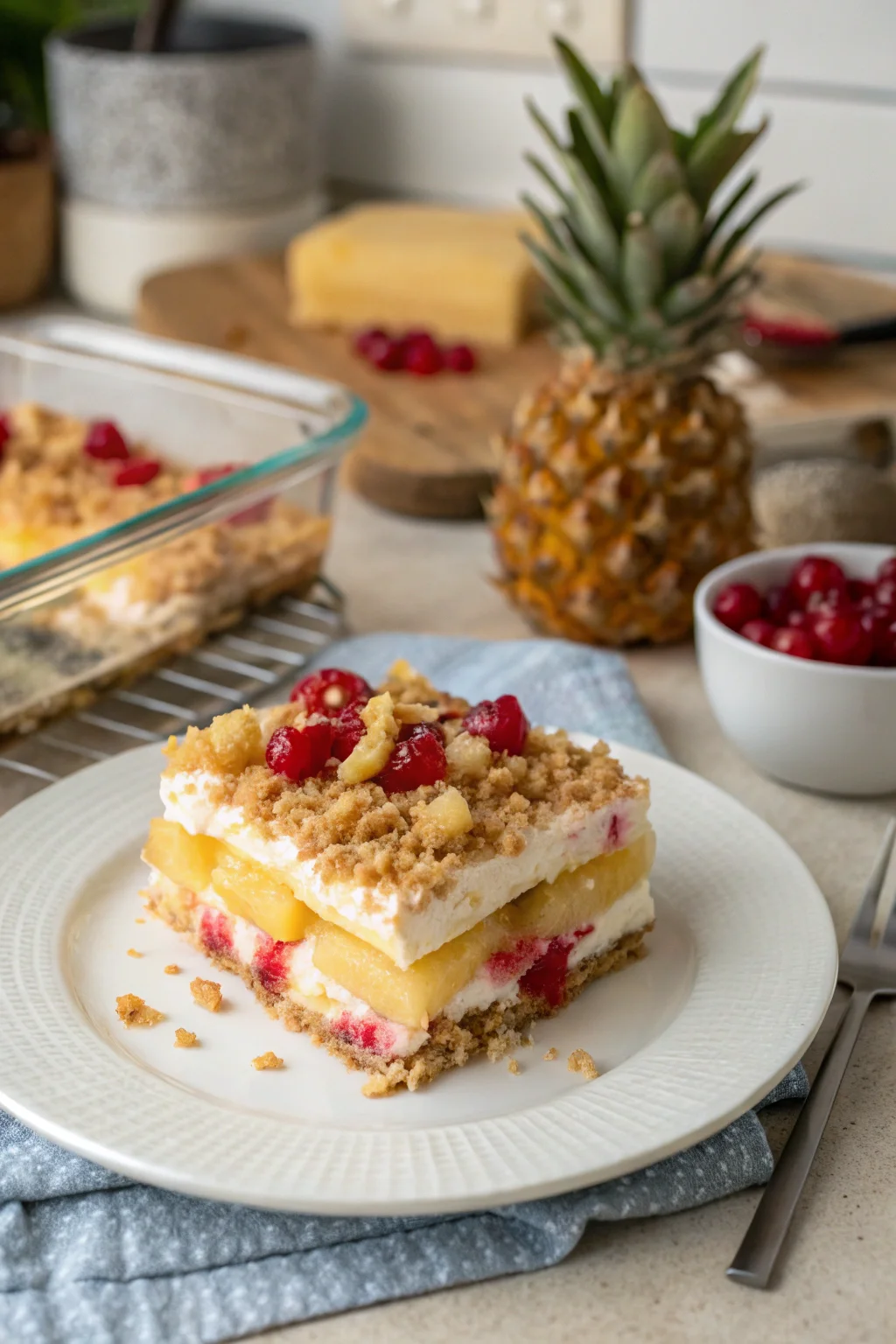 A delicious plate of No-Bake Christmas Pineapple Lasagna