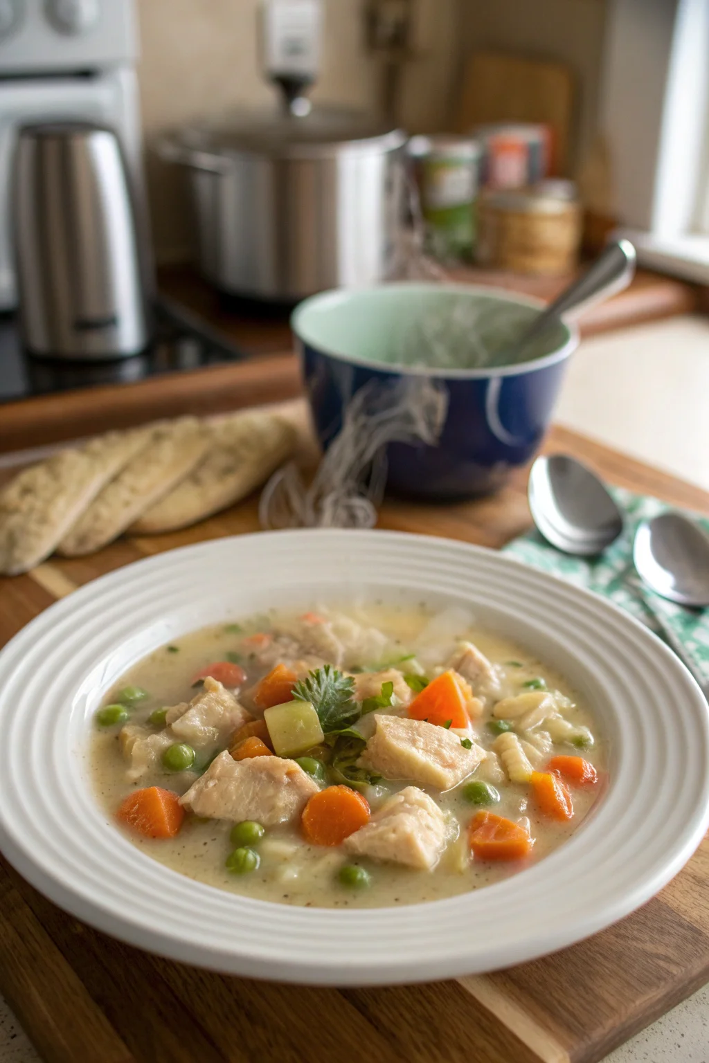 A delicious plate of Chicken Pot Pie Soup Recipe