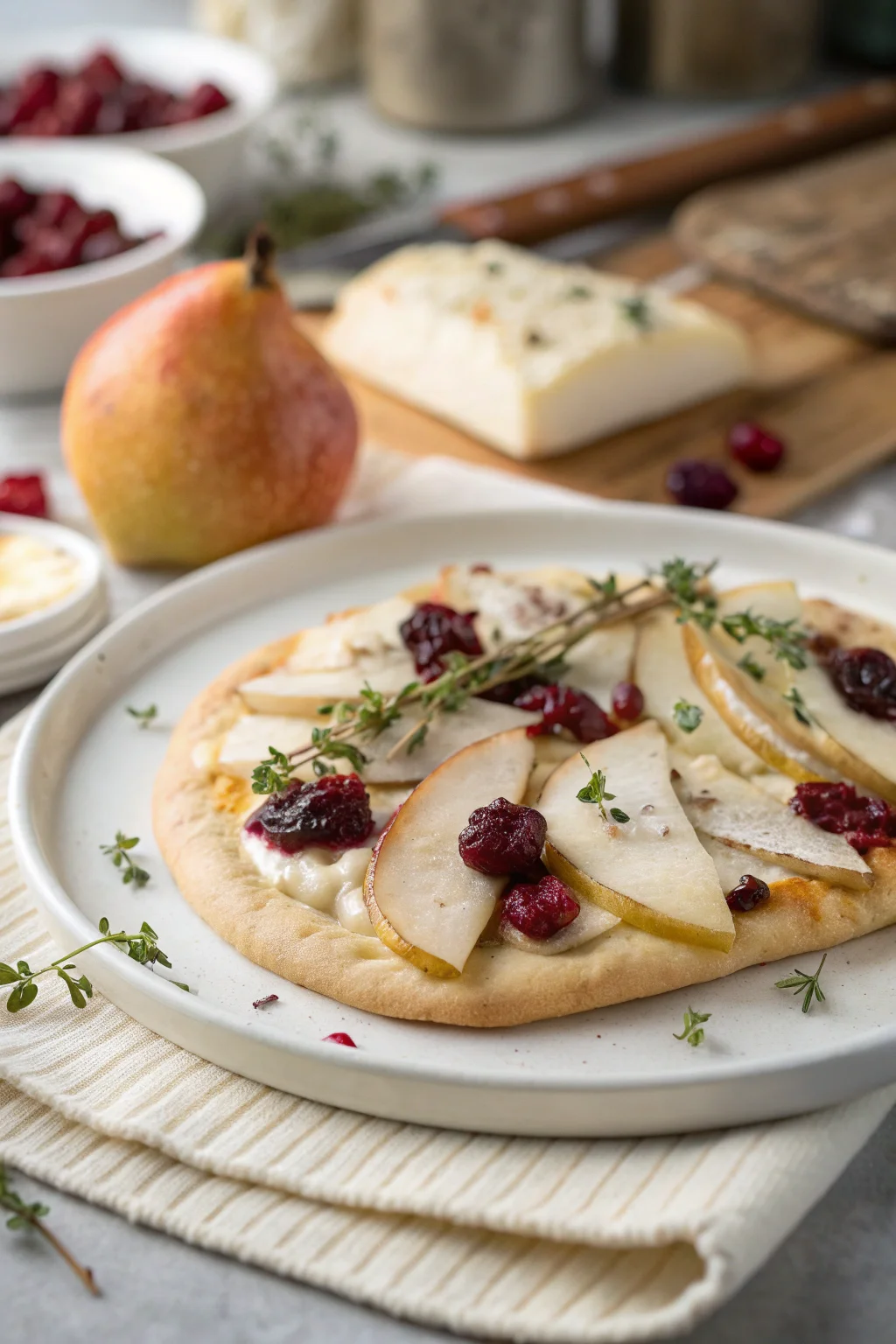 A delicious plate of Pear, Brie, and Cranberry Flatbread with Thyme