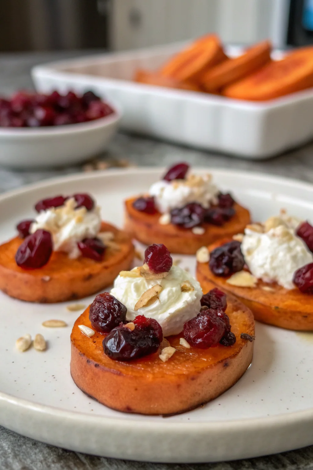 A delicious plate of Sweet Potato Rounds with Cranberry and Cream Cheese