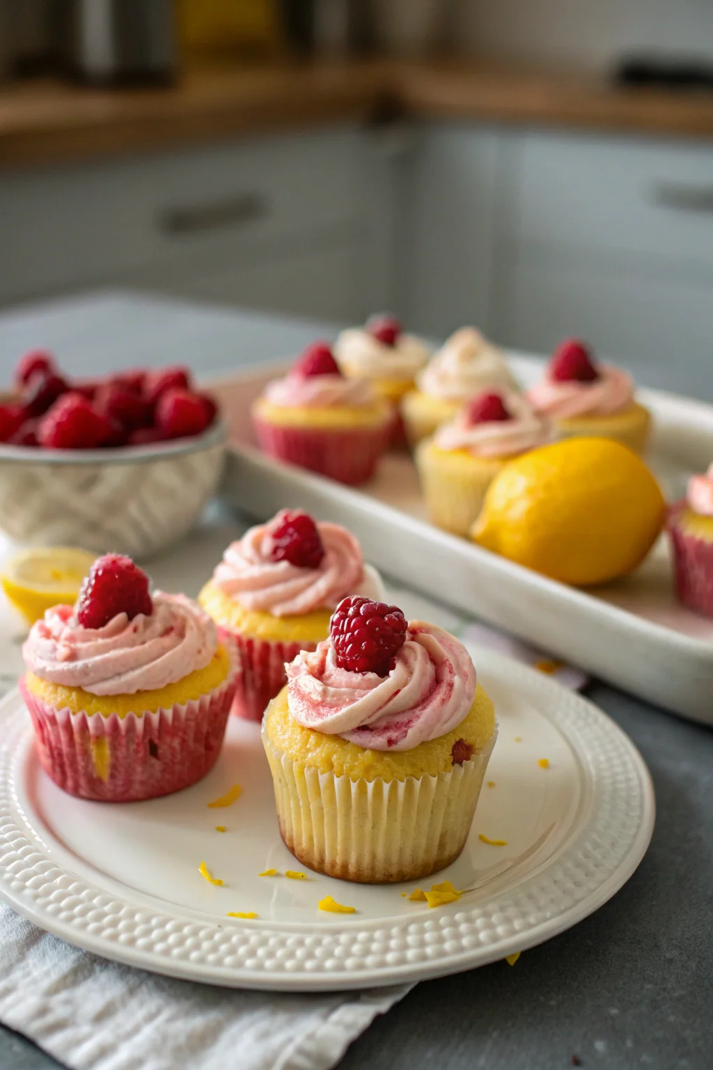 A delicious plate of Raspberry Lemon Heaven Cupcakes