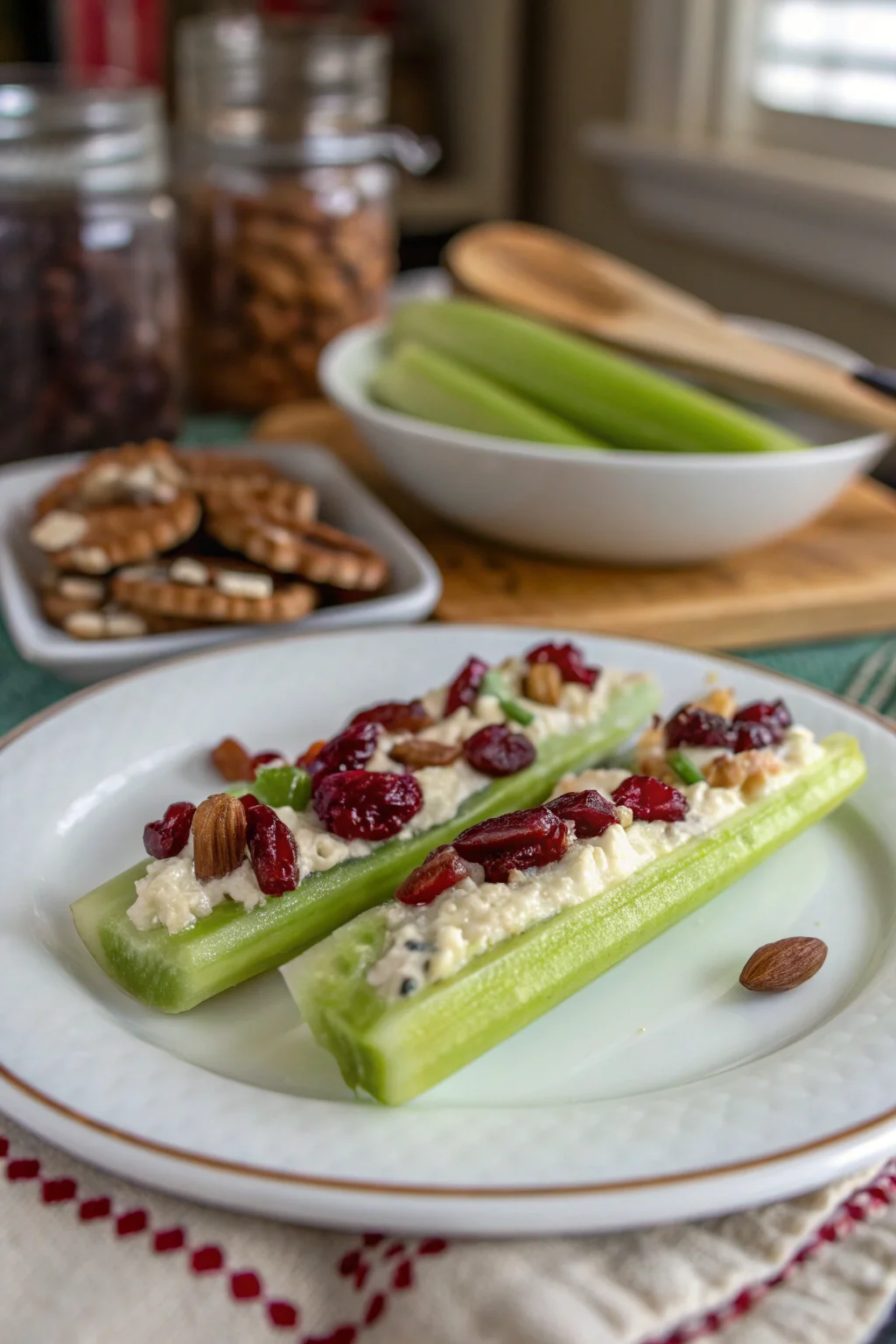 A delicious plate of Cranberry Pecan Cream Cheese Stuffed Celery