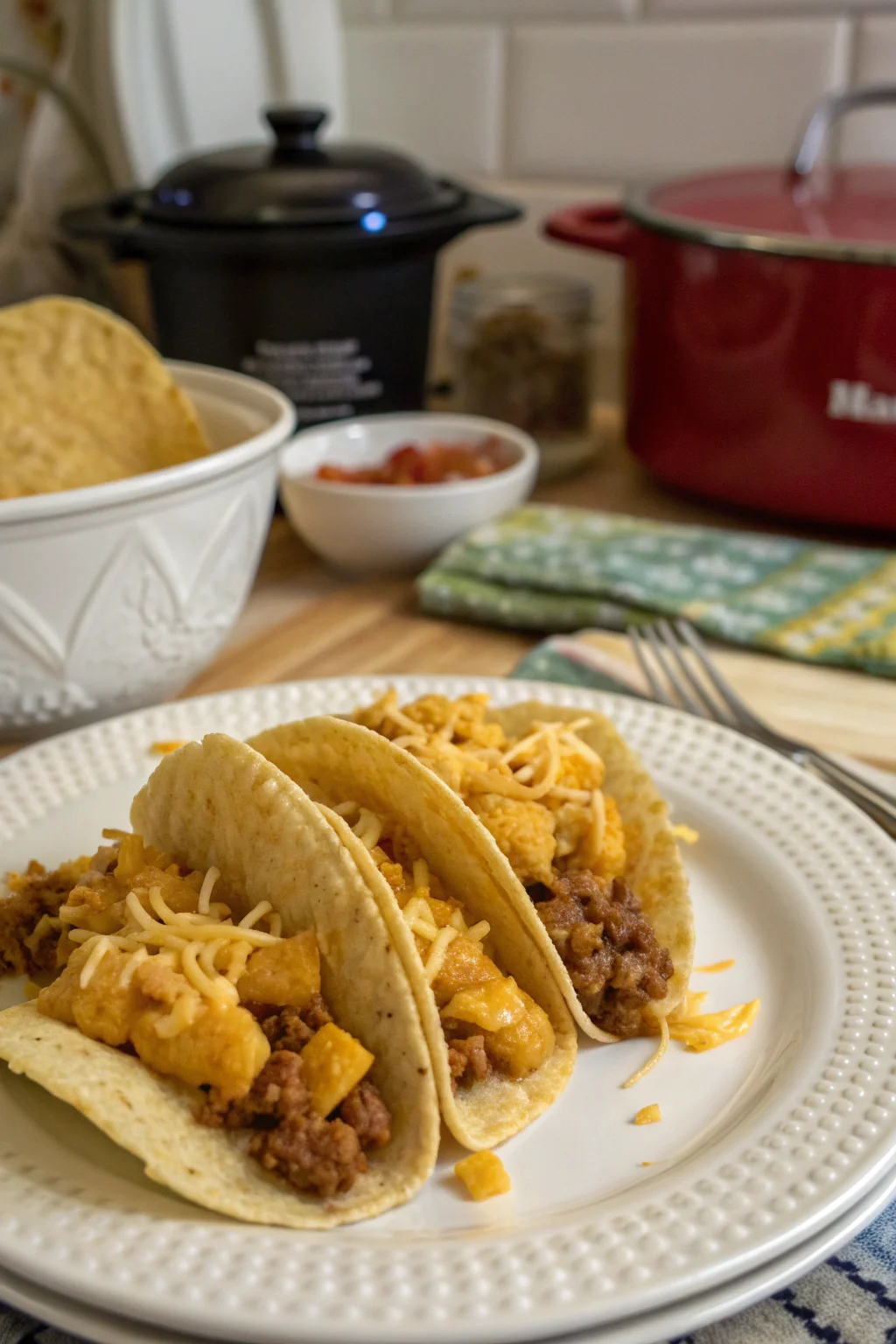 A delicious plate of Crock Pot Taco Shells and Cheese