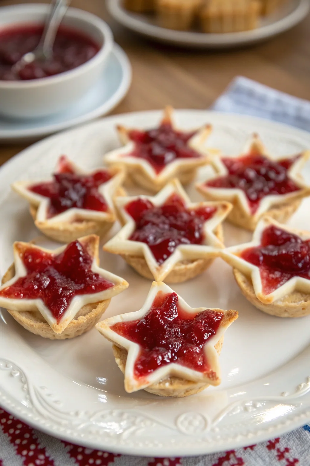 A delicious plate of Cranberry Pepper Jelly Cream Cheese Star Tartlets