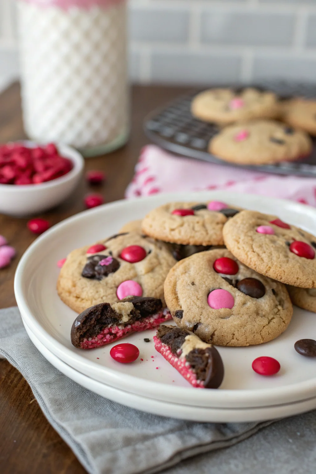 A delicious plate of Valentine’s day Oreo M&m’s cookies