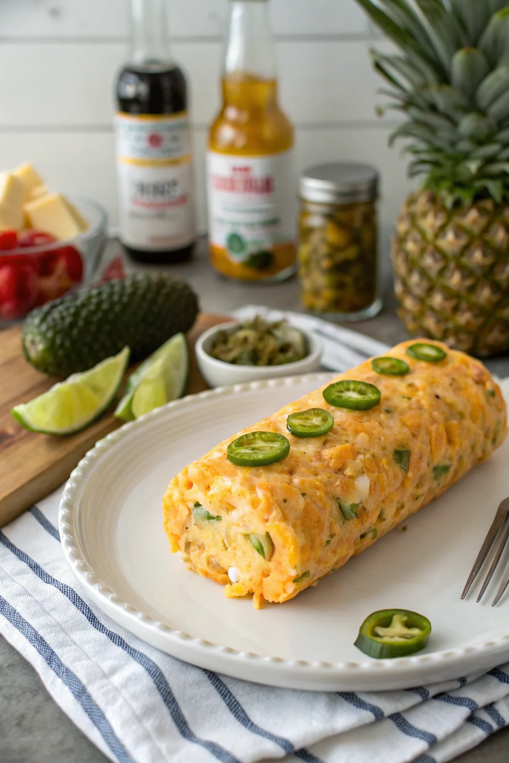 A delicious plate of Sweet and Spicy Pineapple Jalapeño Cheese Log