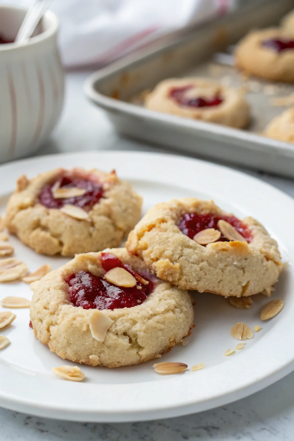 A delicious plate of Sweet Raspberry Almond Thumbprint Cookies