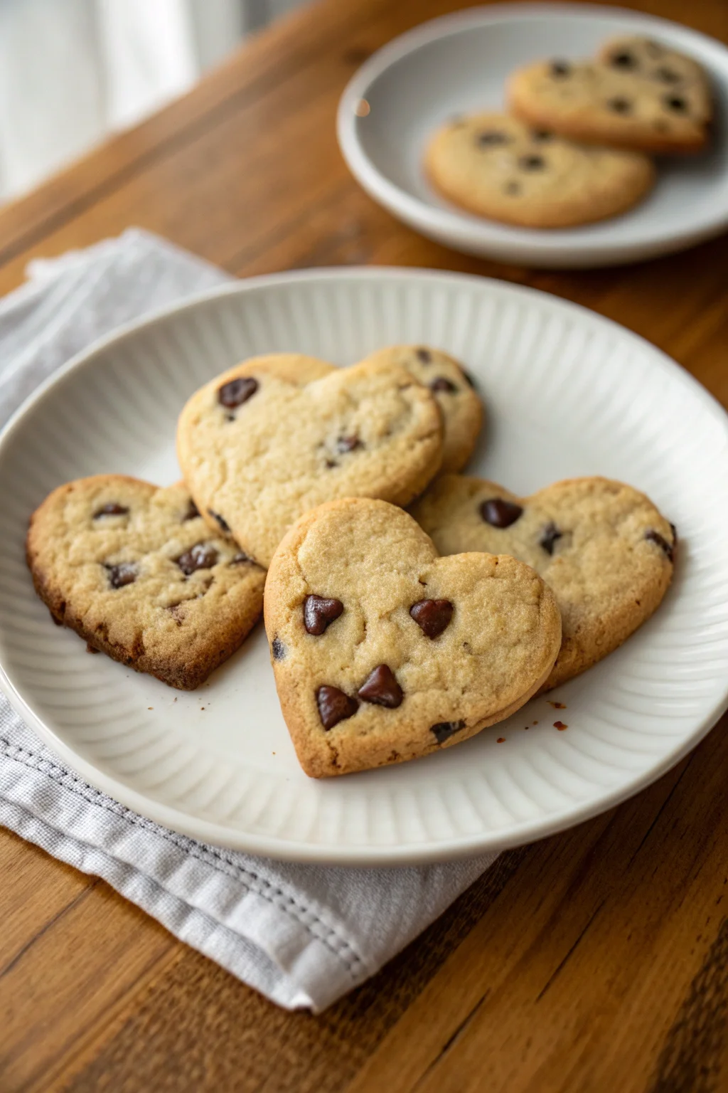A delicious plate of Heart Shaped Chocolate Chip Cookies