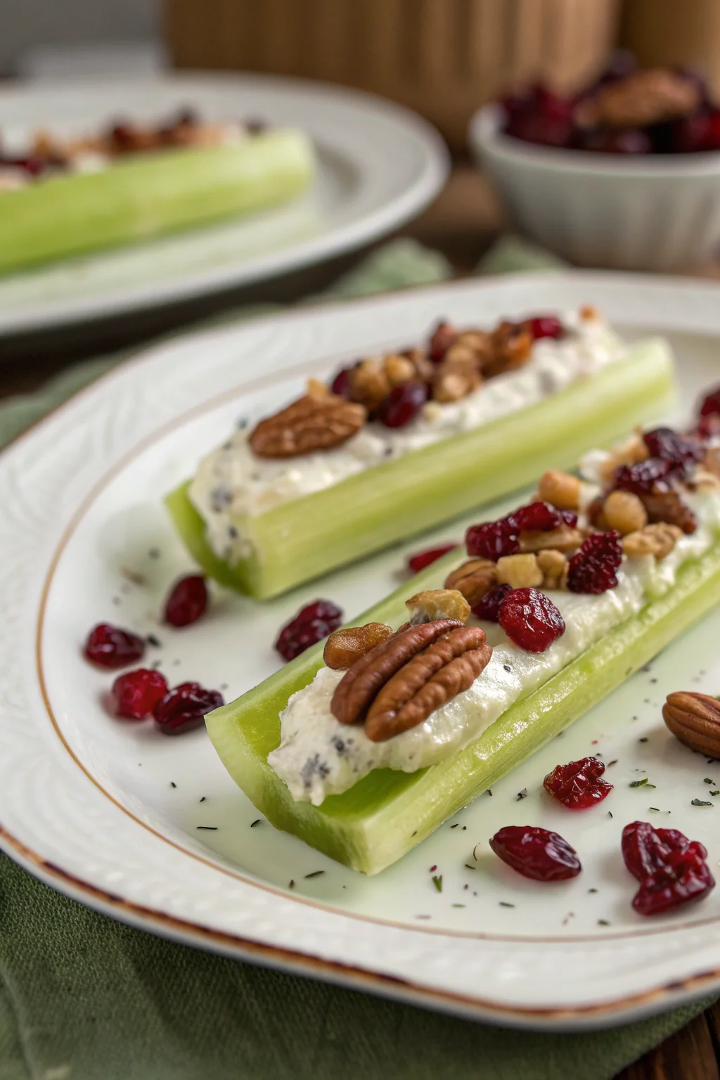 A delicious plate of Cranberry Pecan Cream Cheese Stuffed Celery