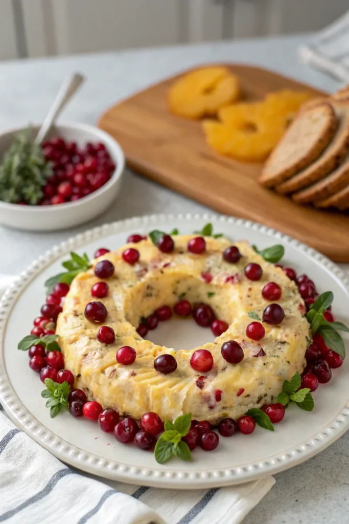 A delicious plate of Pineapple Cranberry Cream Cheese Christmas Wreath Dip