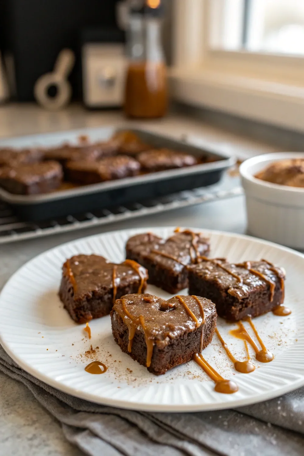 A delicious plate of Caramel-Drizzled Brownie Hearts