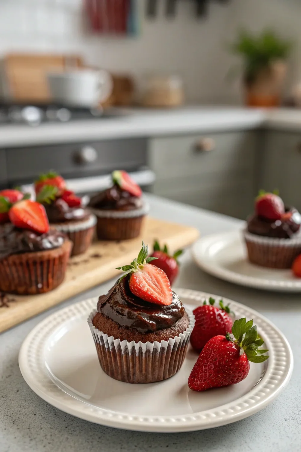 A delicious plate of Chocolate Covered Strawberry Cupcakes