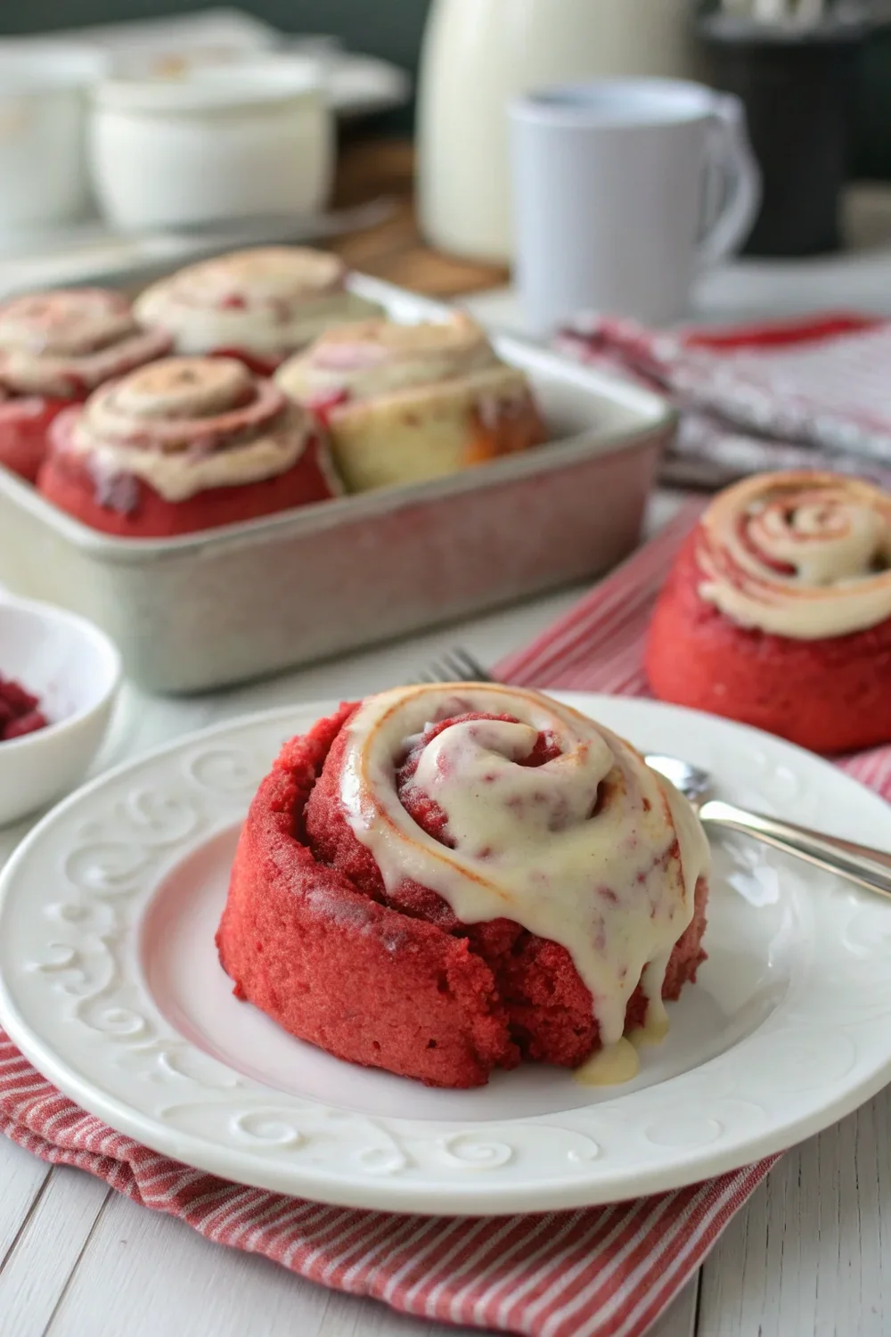 A delicious plate of Red Velvet Valentines Cinnamon Rools