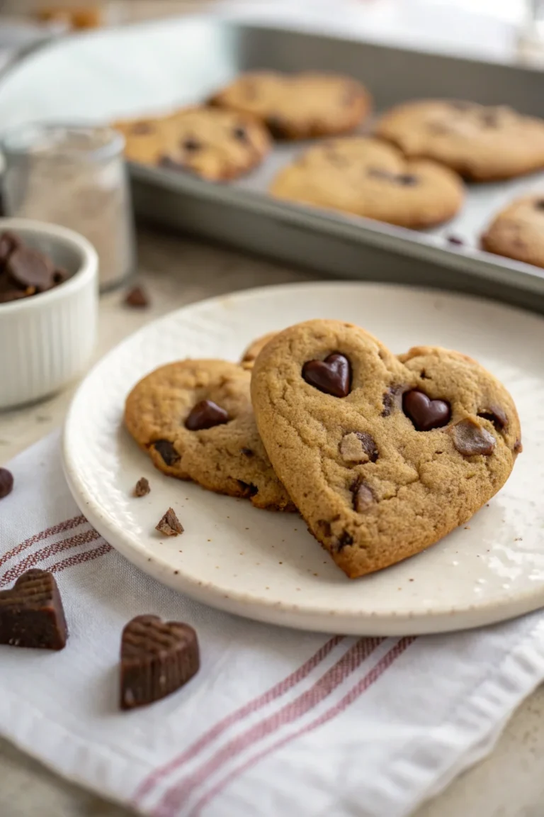 A delicious plate of Heart Shaped Chocolate Chip Cookies