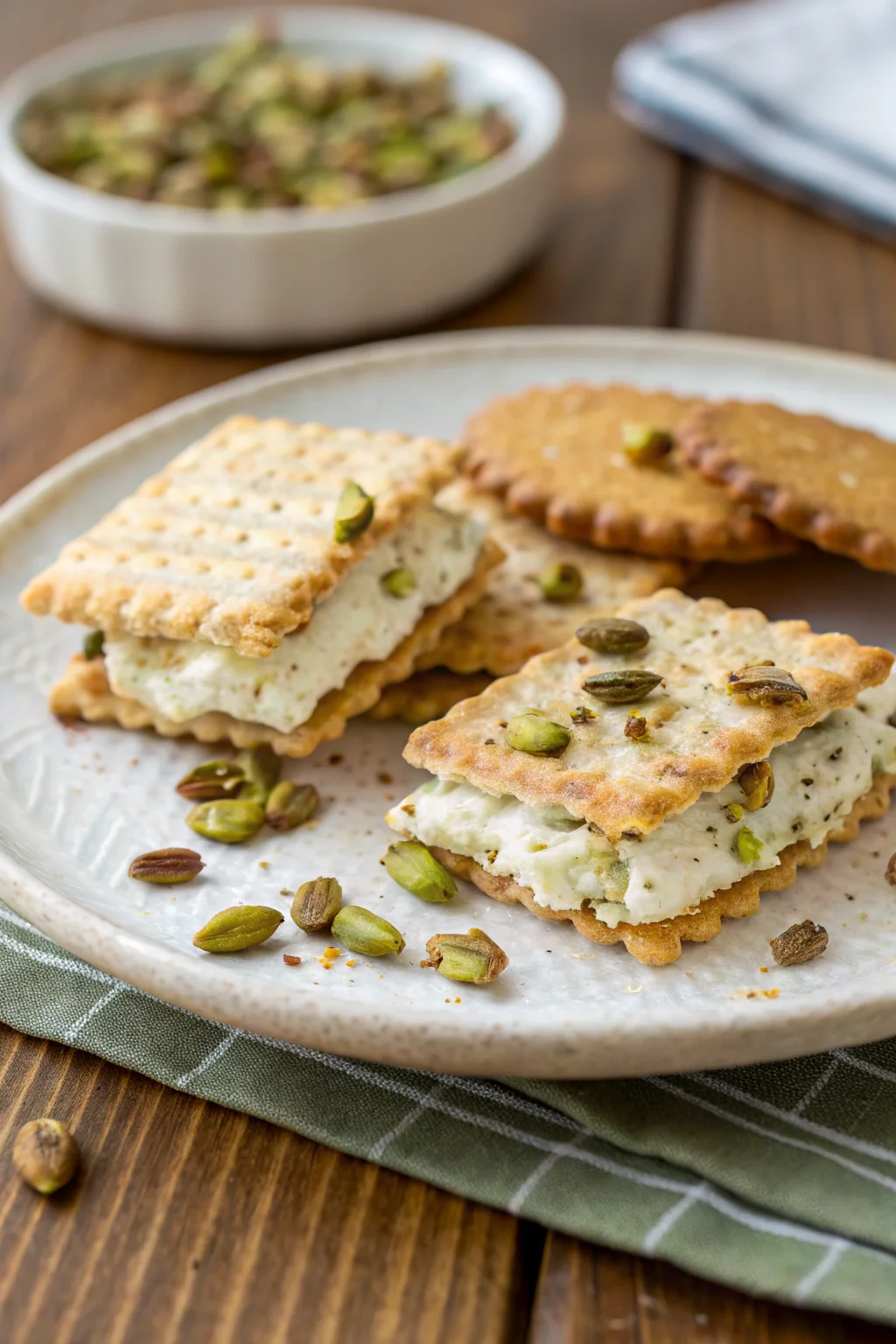 A delicious plate of Toasted Pistachio Ricotta Wafers Crunch