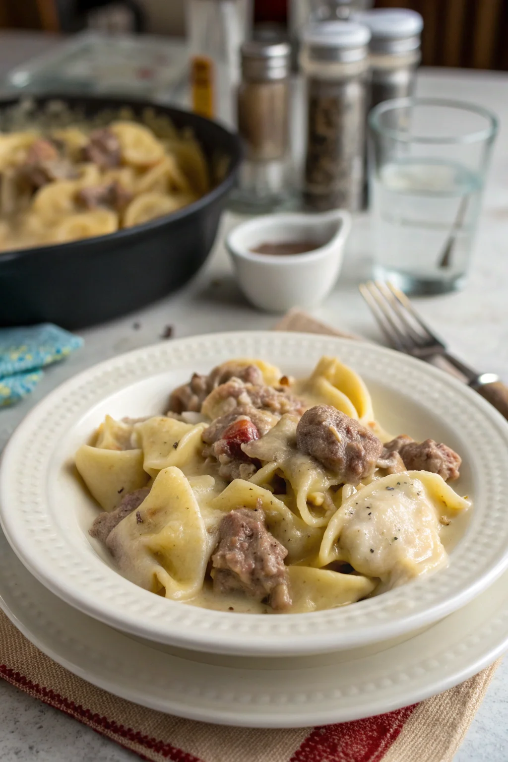 A delicious plate of Slow Cooker Creamy Ranch Beef Tortellini