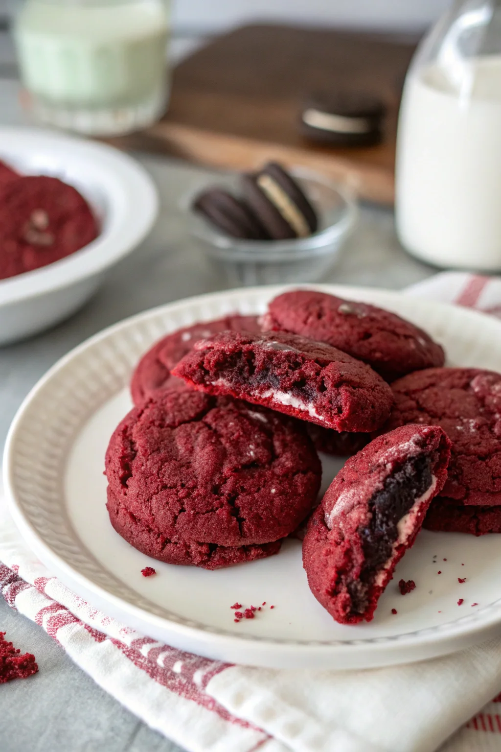 A delicious plate of Crushed Oreo Red Velvet Cookies