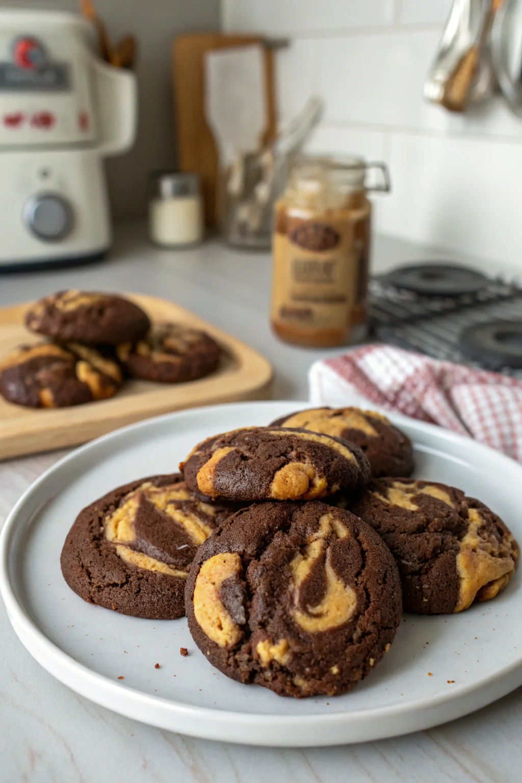 A delicious plate of Swirled Brownie Cookies with a Peanut Butter Twist