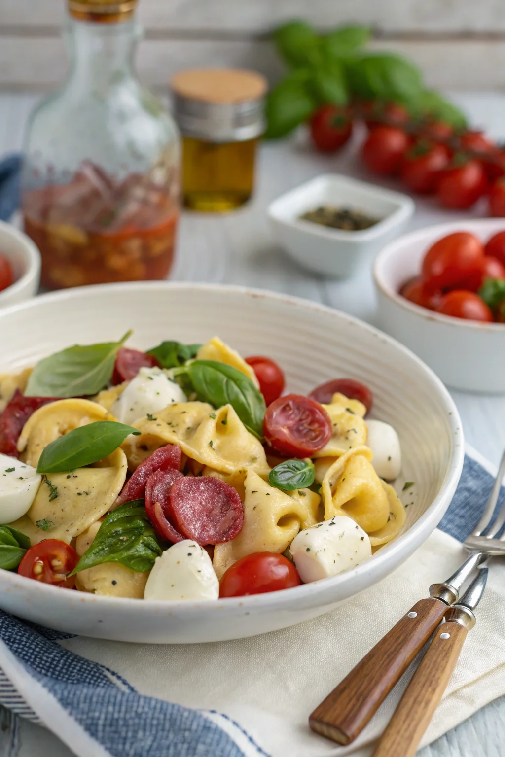 A delicious plate of Italian Tortellini Pasta Salad with Salami and Mozzarella