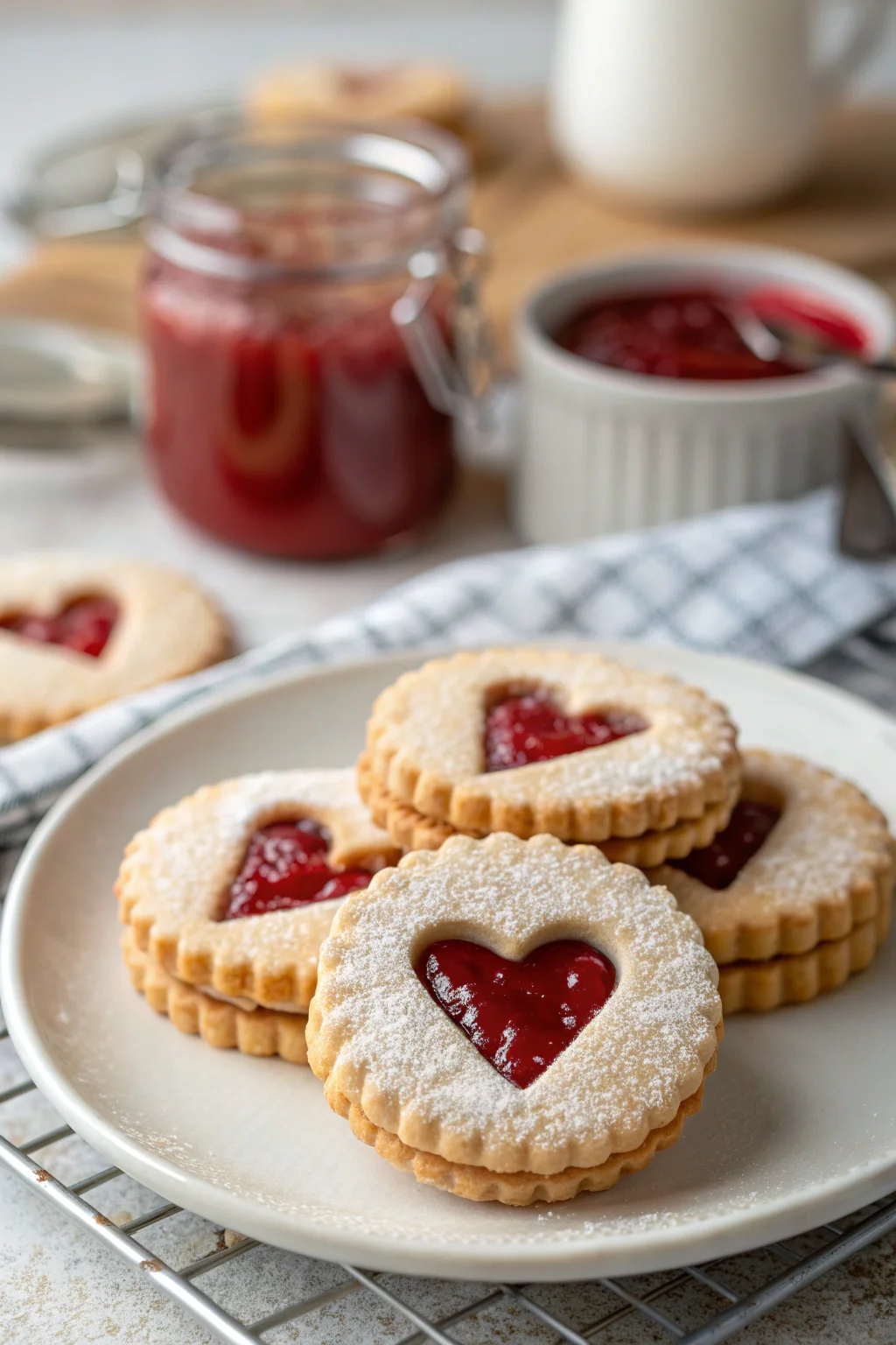 A delicious plate of Linzer Strawberry Heart Cookies
