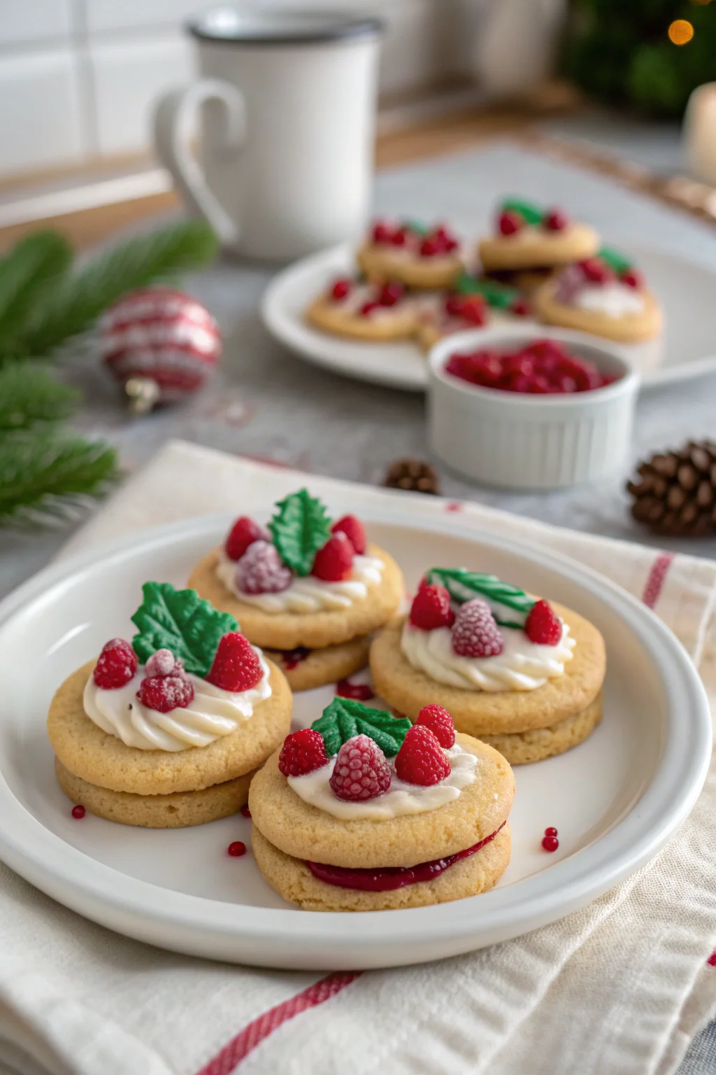 A delicious plate of Christmas Raspberry Cream Cookies