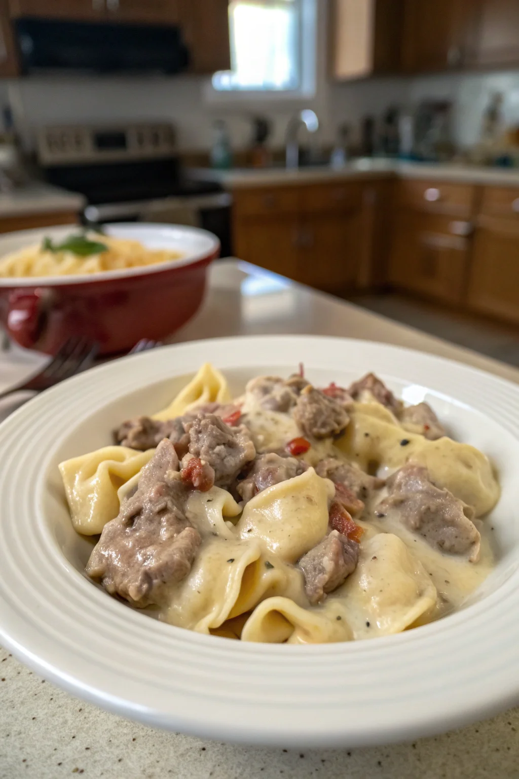 A delicious plate of Slow Cooker Creamy Ranch Beef Tortellini