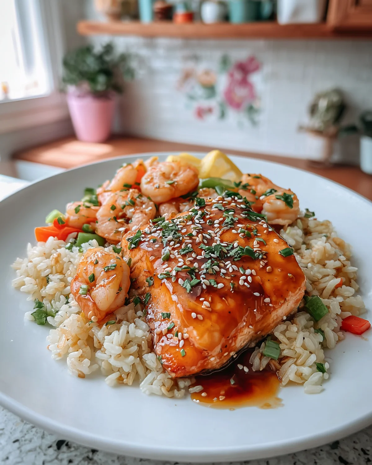 Honey Garlic Glazed Salmon with Shrimp and Veggie Fried Rice Recipe