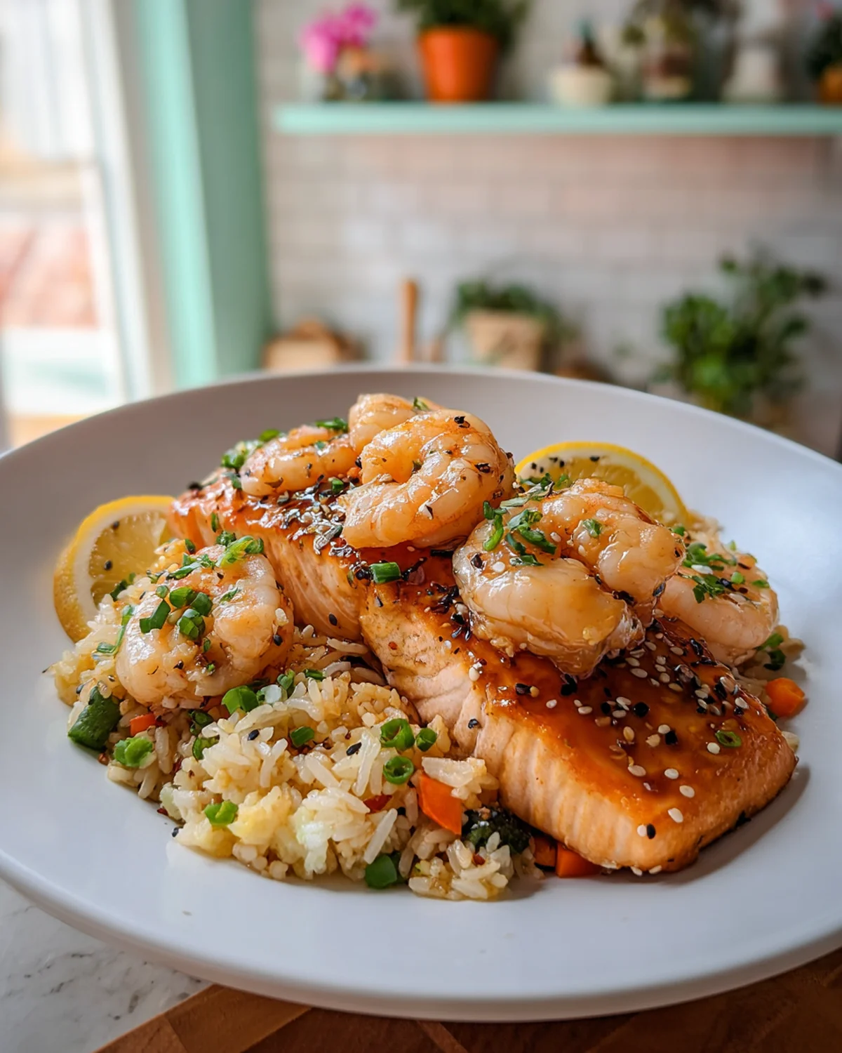Honey Garlic Glazed Salmon with Shrimp and Veggie Fried Rice - Image 2