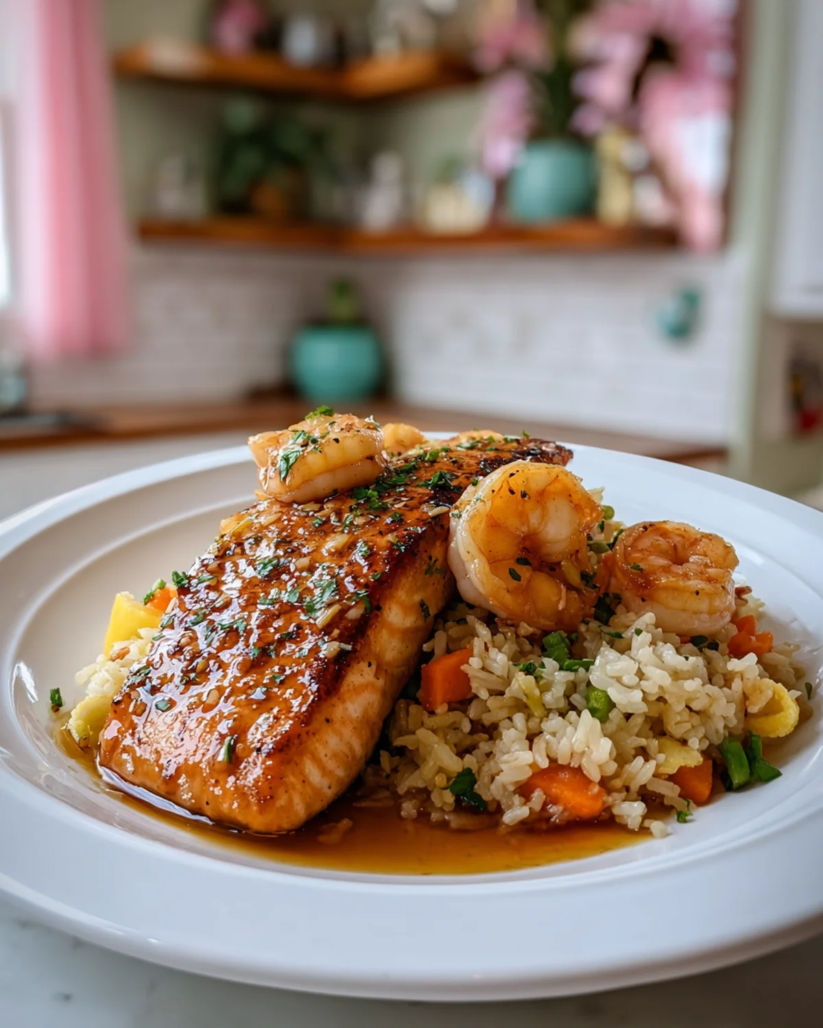 Honey Garlic Glazed Salmon with Shrimp and Veggie Fried Rice - Image 3