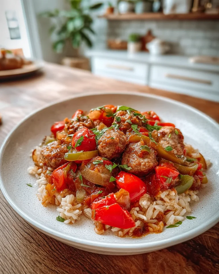 Sausage, Onion, Bell Peppers and Tomatoes Over Rice Recipe