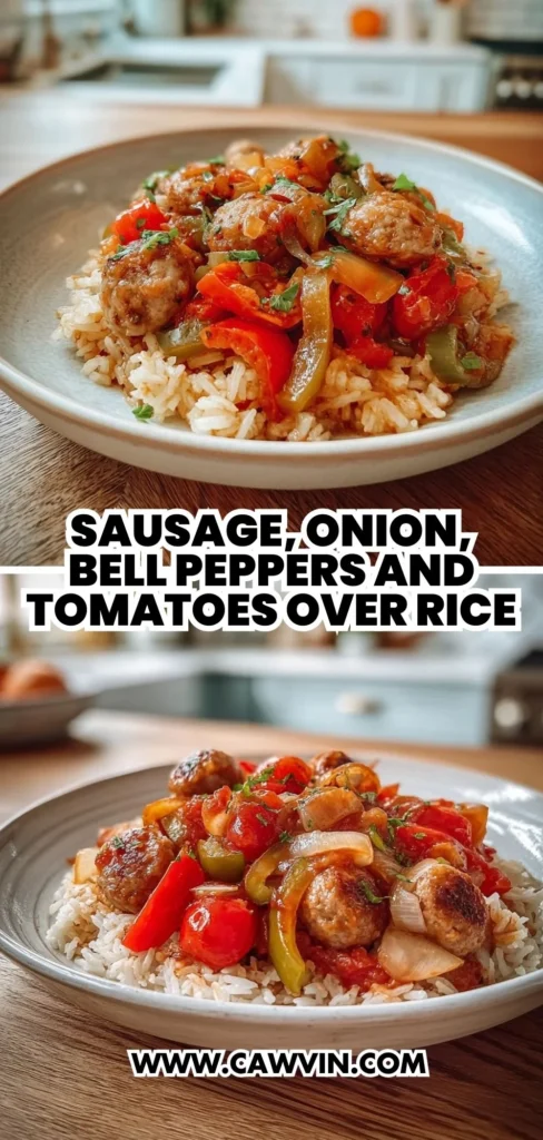 Sausage Onion Bell Peppers and Tomatoes Over Rice 2 1 - Easy Peasy Recipes