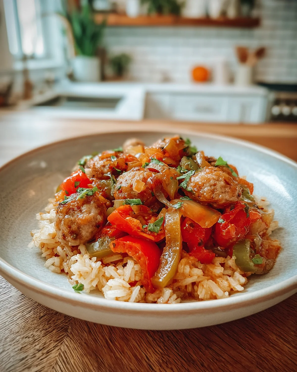 Sausage, Onion, Bell Peppers and Tomatoes Over Rice - Image 2