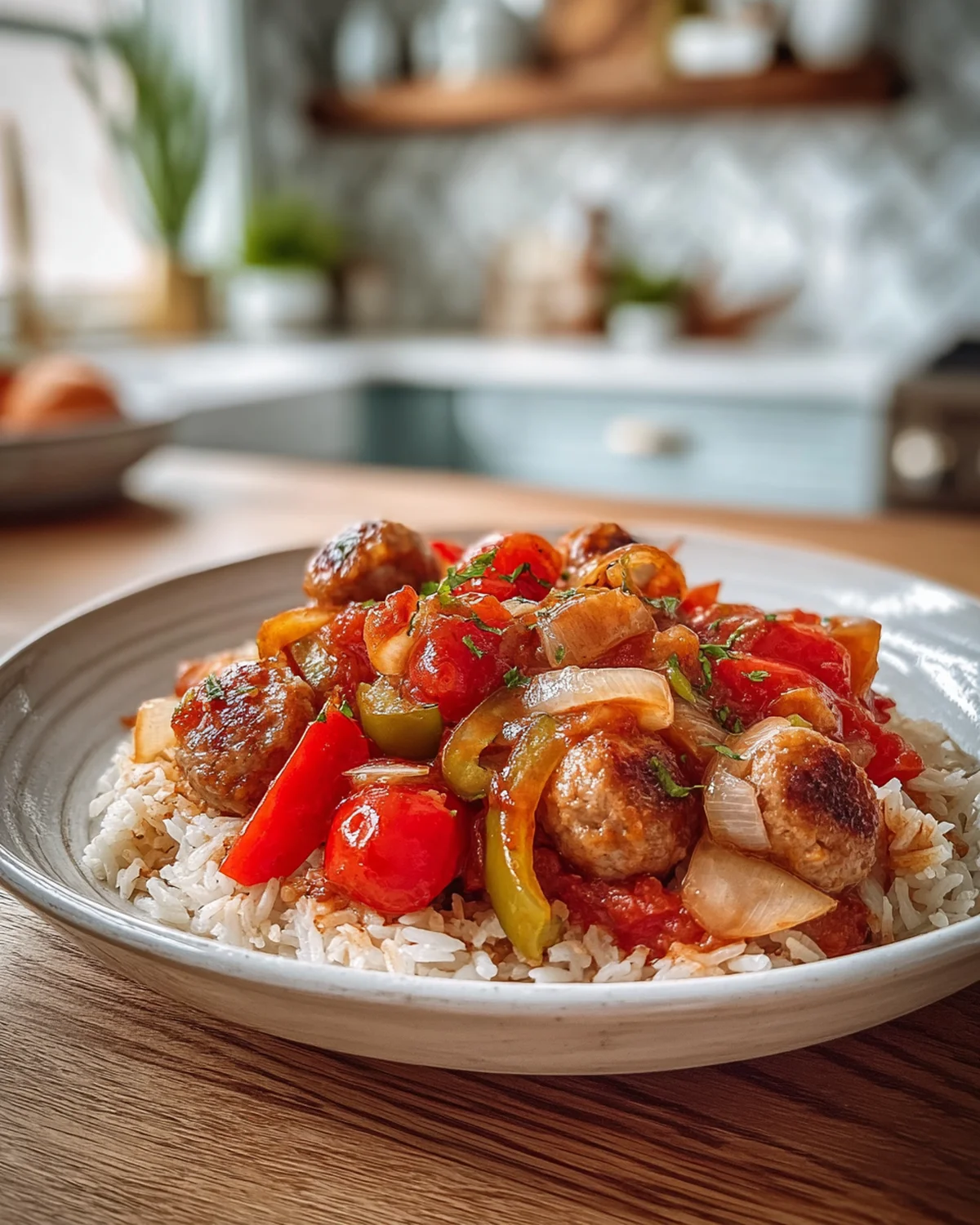 Sausage, Onion, Bell Peppers and Tomatoes Over Rice - Image 3