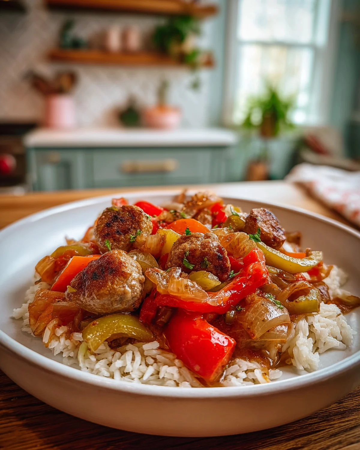 Sausage, Onion, Bell Peppers and Tomatoes Over Rice - Image 4