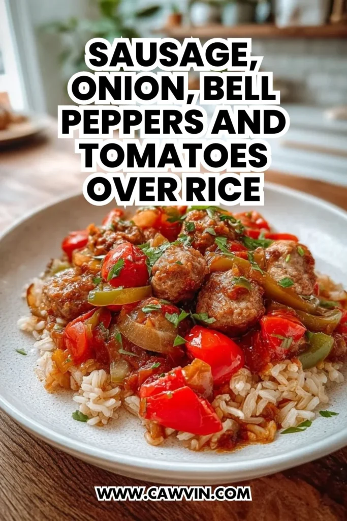 Sausage Onion Bell Peppers and Tomatoes Over Rice - Easy Peasy Recipes