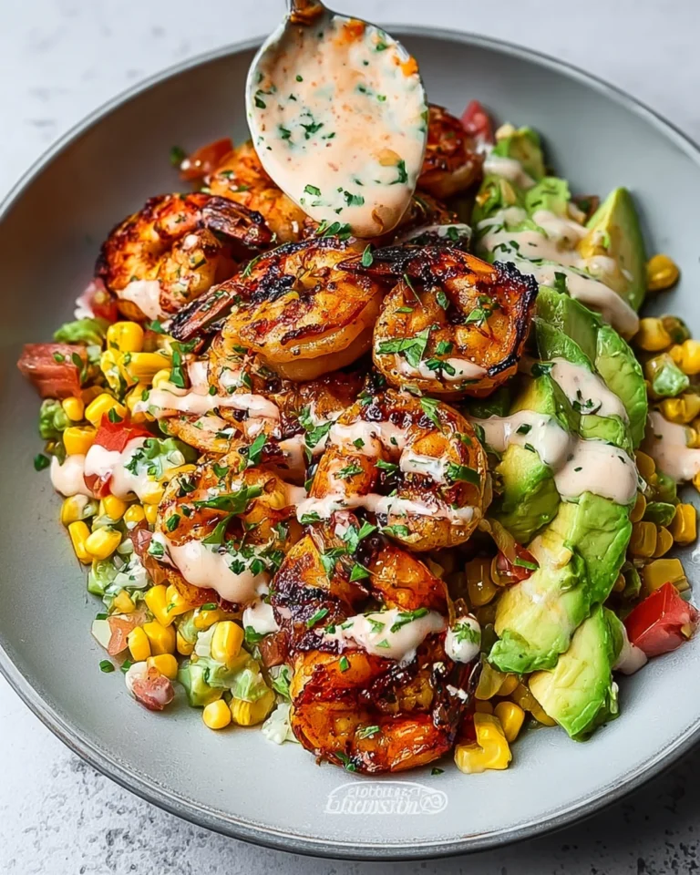 Grilled Shrimp Bowl with Avocado, Corn Salsa and Creamy Sauce Recipe