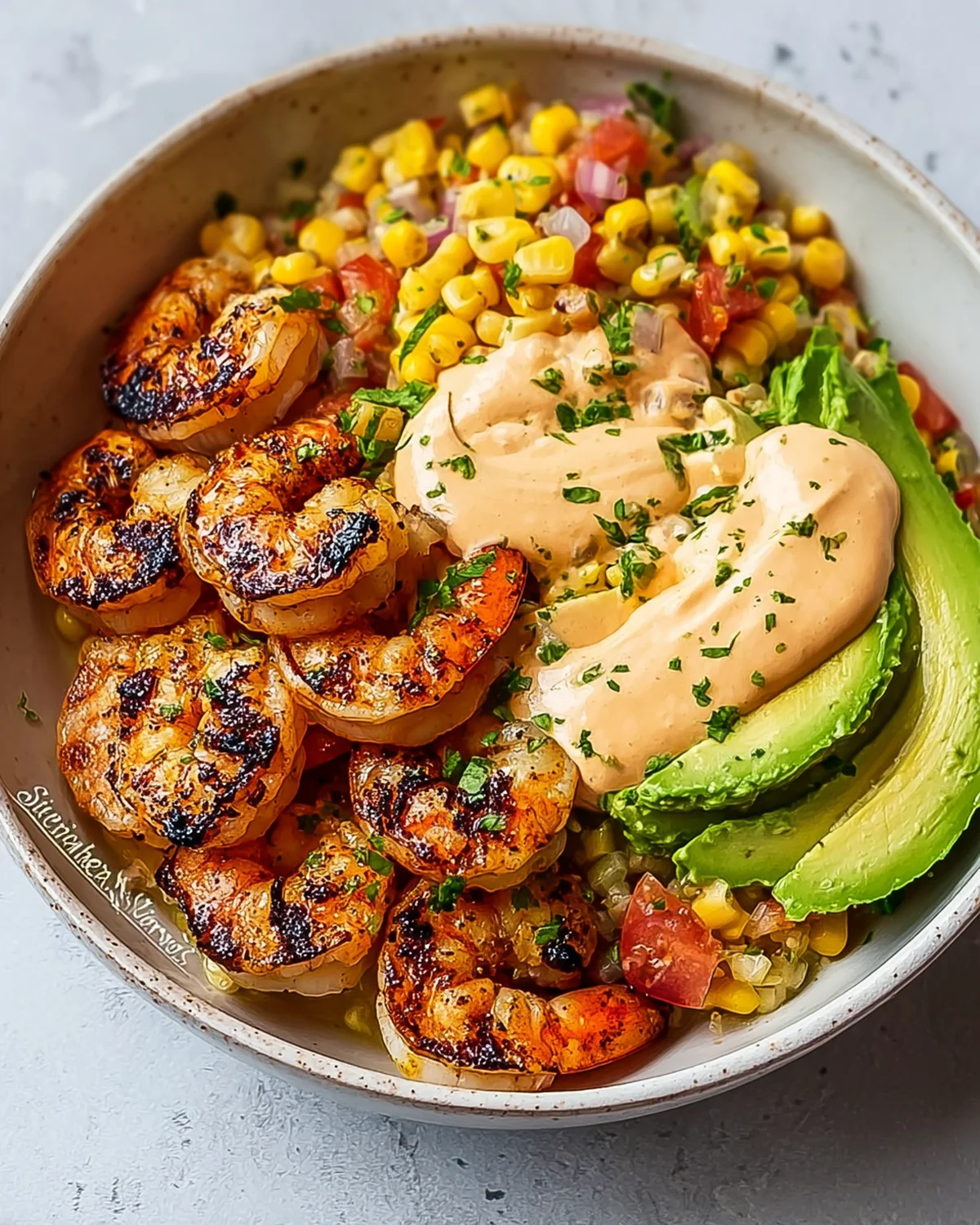 Grilled Shrimp Bowl with Avocado, Corn Salsa and Creamy Sauce - Image 3