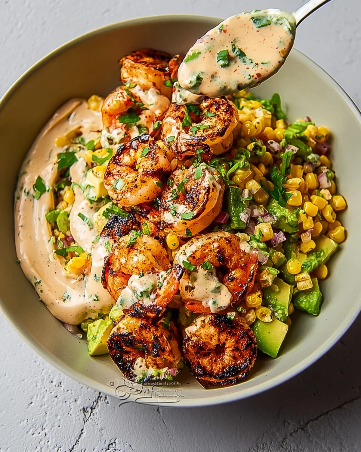 Grilled Shrimp Bowl with Avocado, Corn Salsa and Creamy Sauce - Image 4