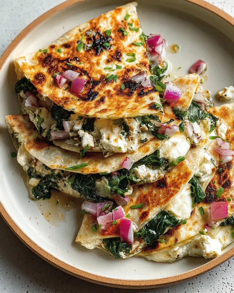 Mediterranean Quesadillas with Spinach, Feta, Mozzarella, and Red Onion Recipe