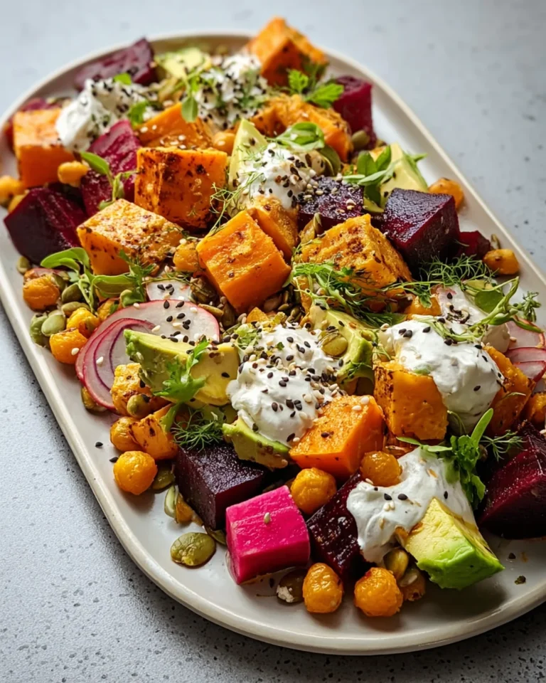 Roasted Beet, Sweet Potato and Avocado Salad with Whipped Ricotta and Lemon-Tahini Drizzle Recipe